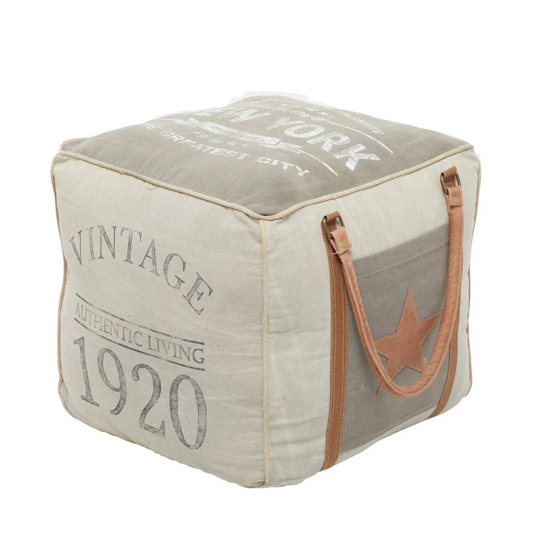 Canvas Pouf with Leather Handles - Gray, Brown, White, Cream or Beige - Roche River Decor