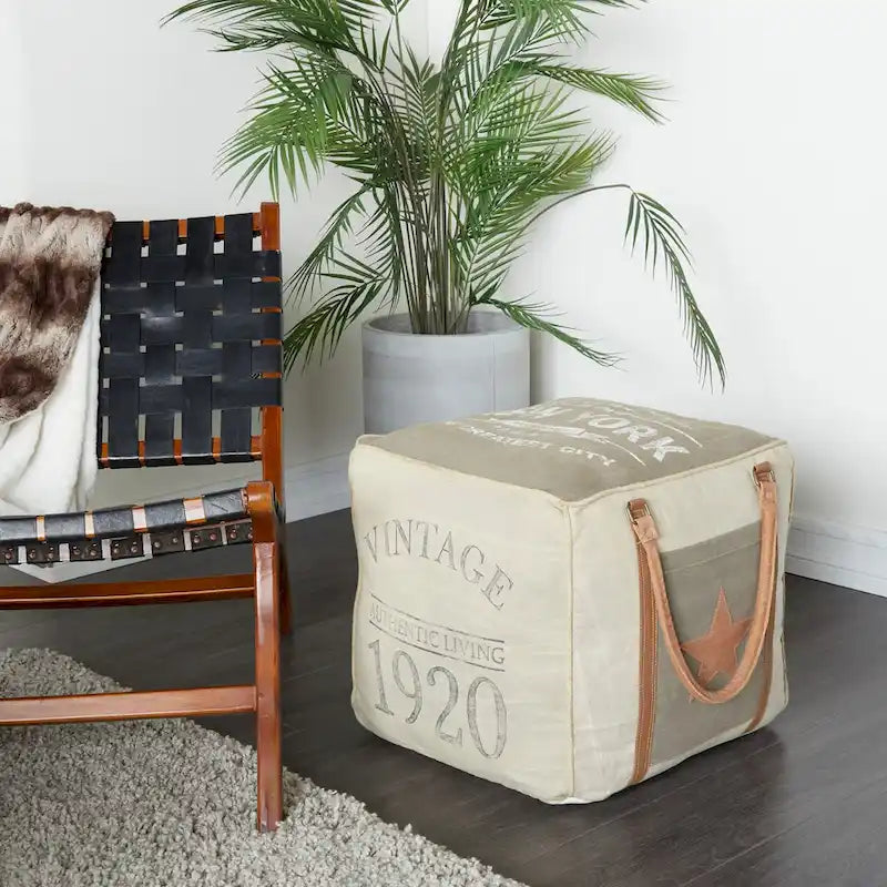 Canvas Pouf with Leather Handles - Gray, Brown, White, Cream or Beige - Roche River Decor