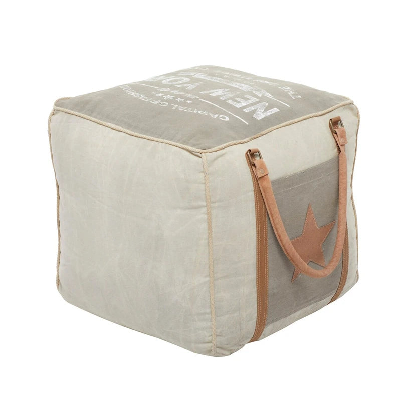 Canvas Pouf with Leather Handles - Gray, Brown, White, Cream or Beige - Roche River Decor