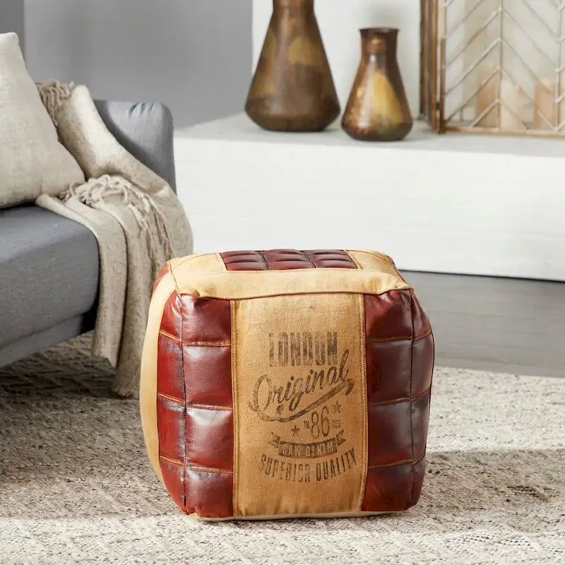 Canvas Pouf with Leather Handles - Gray, Brown, White, Cream or Beige - Roche River Decor