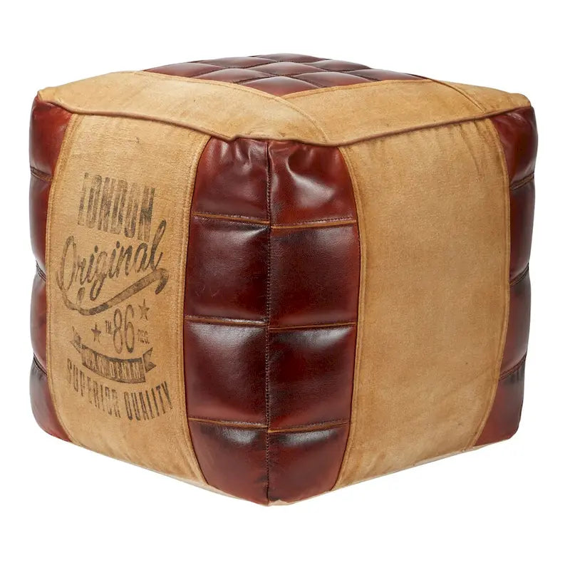 Canvas Pouf with Leather Handles - Gray, Brown, White, Cream or Beige - Roche River Decor