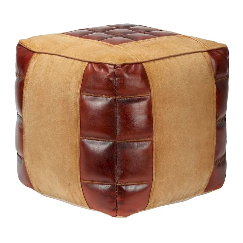 Canvas Pouf with Leather Handles - Gray, Brown, White, Cream or Beige - Roche River Decor