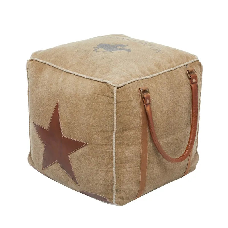 Canvas Pouf with Leather Handles - Gray, Brown, White, Cream or Beige - Roche River Decor