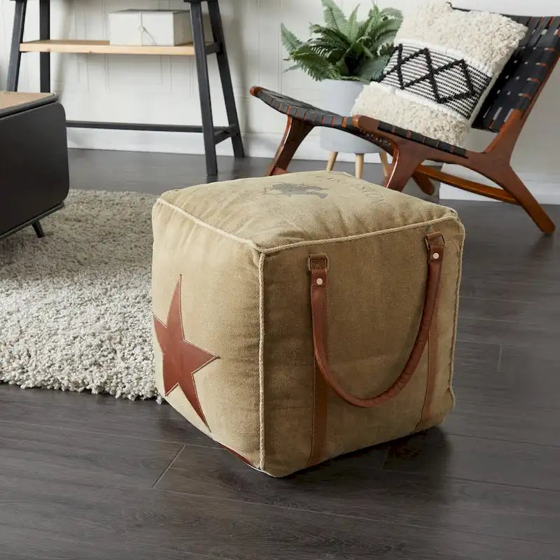 Canvas Pouf with Leather Handles - Gray, Brown, White, Cream or Beige - Roche River Decor