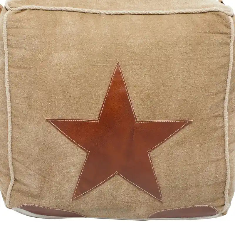 Canvas Pouf with Leather Handles - Gray, Brown, White, Cream or Beige - Roche River Decor
