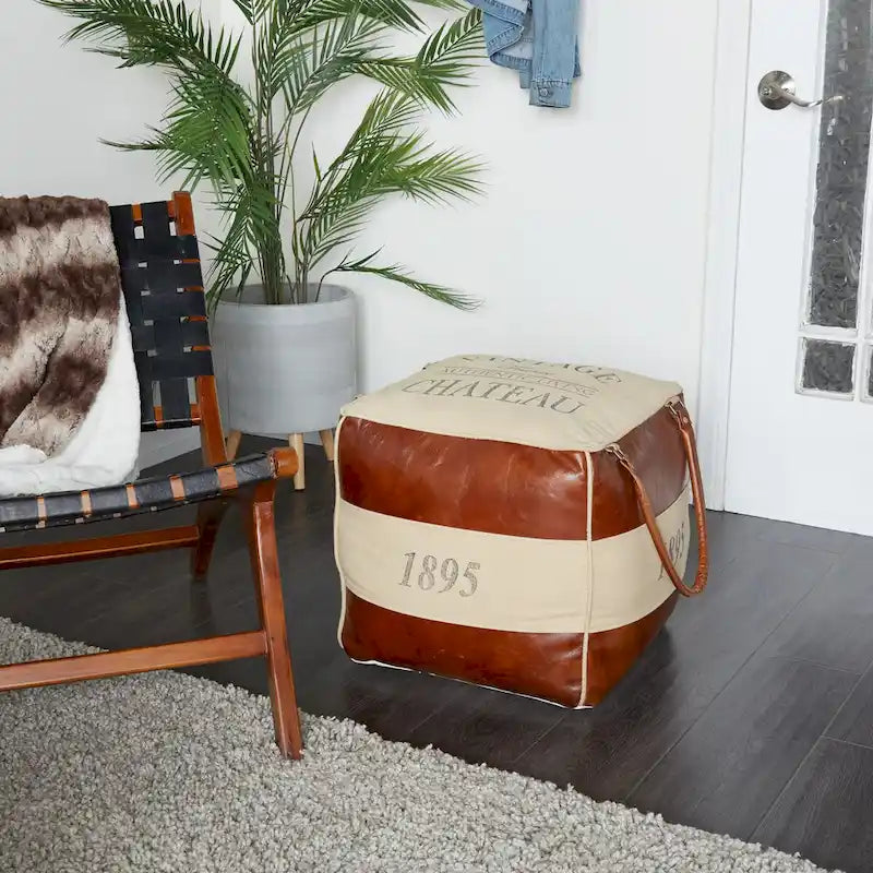 Canvas Pouf with Leather Handles - Gray, Brown, White, Cream or Beige - Roche River Decor