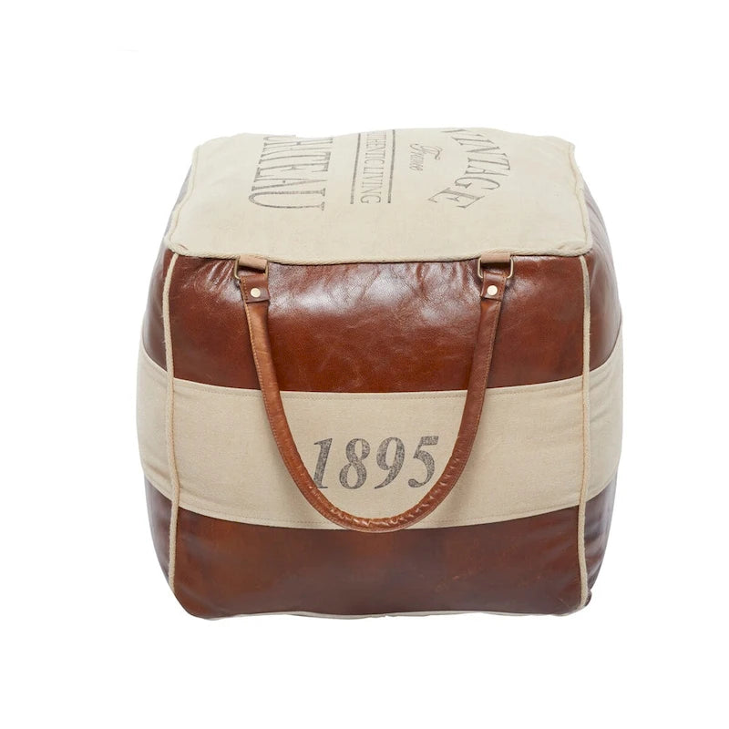 Canvas Pouf with Leather Handles - Gray, Brown, White, Cream or Beige - Roche River Decor