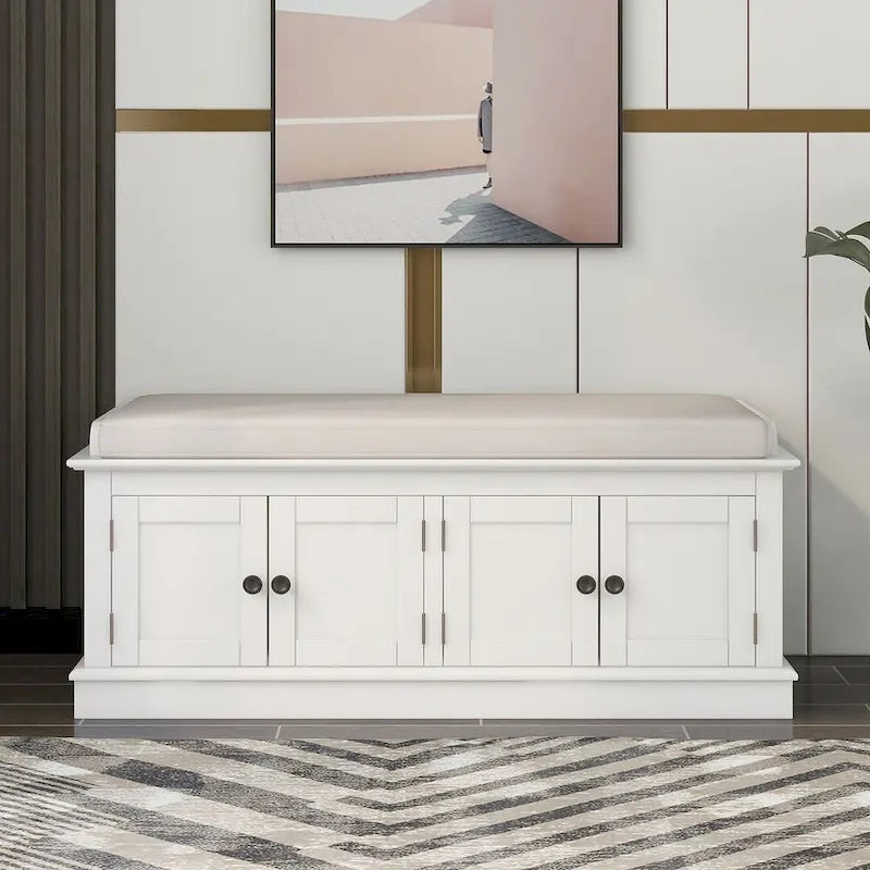42.70 Modern Versatile Entry Upholstered Storage Bench with 4 Doors, Adjustable Shelves and Shoe Racks