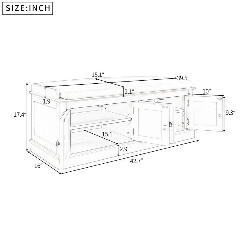 42.70 Modern Versatile Entry Upholstered Storage Bench with 4 Doors, Adjustable Shelves and Shoe Racks