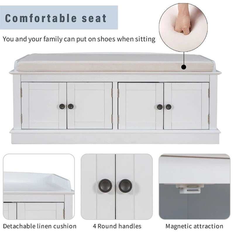 42.70 Modern Versatile Entry Upholstered Storage Bench with 4 Doors, Adjustable Shelves and Shoe Racks