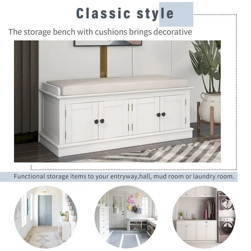 42.70 Modern Versatile Entry Upholstered Storage Bench with 4 Doors, Adjustable Shelves and Shoe Racks