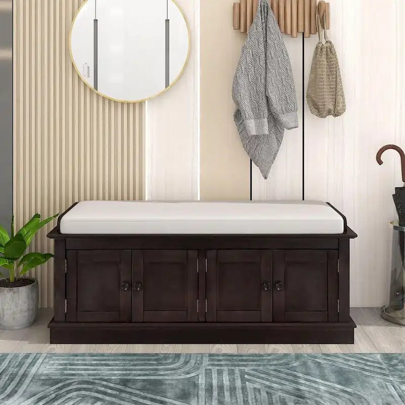 42.70 Modern Versatile Entry Upholstered Storage Bench with 4 Doors, Adjustable Shelves and Shoe Racks
