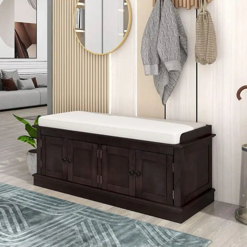 42.70 Modern Versatile Entry Upholstered Storage Bench with 4 Doors, Adjustable Shelves and Shoe Racks