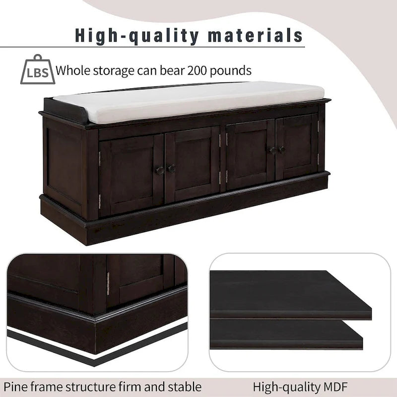 42.70 Modern Versatile Entry Upholstered Storage Bench with 4 Doors, Adjustable Shelves and Shoe Racks