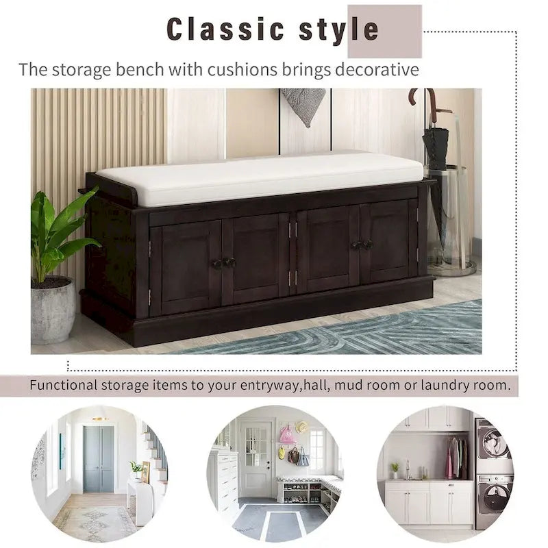 42.70 Modern Versatile Entry Upholstered Storage Bench with 4 Doors, Adjustable Shelves and Shoe Racks