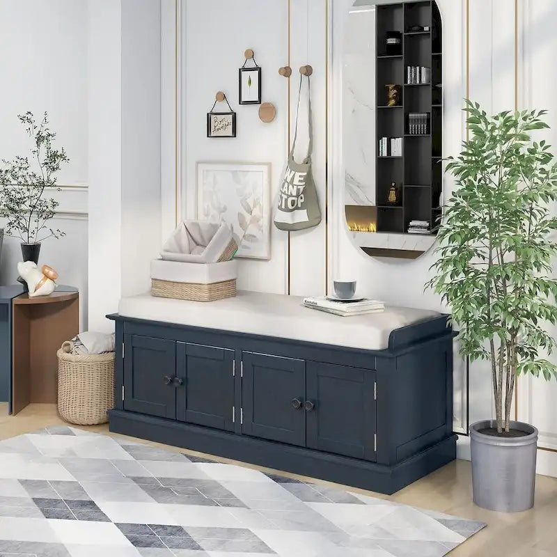 42.70 Modern Versatile Entry Upholstered Storage Bench with 4 Doors, Adjustable Shelves and Shoe Racks
