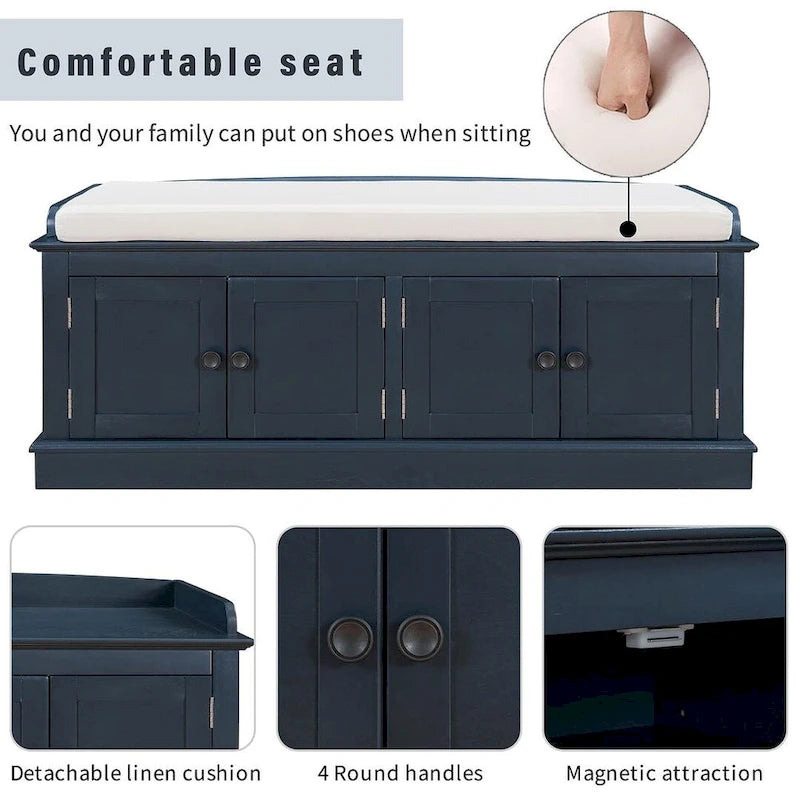 42.70 Modern Versatile Entry Upholstered Storage Bench with 4 Doors, Adjustable Shelves and Shoe Racks