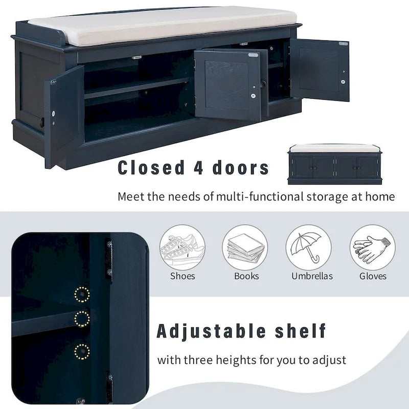 42.70 Modern Versatile Entry Upholstered Storage Bench with 4 Doors, Adjustable Shelves and Shoe Racks