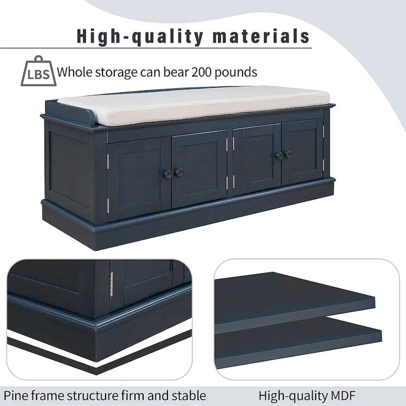 42.70 Modern Versatile Entry Upholstered Storage Bench with 4 Doors, Adjustable Shelves and Shoe Racks