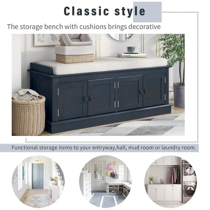 42.70 Modern Versatile Entry Upholstered Storage Bench with 4 Doors, Adjustable Shelves and Shoe Racks