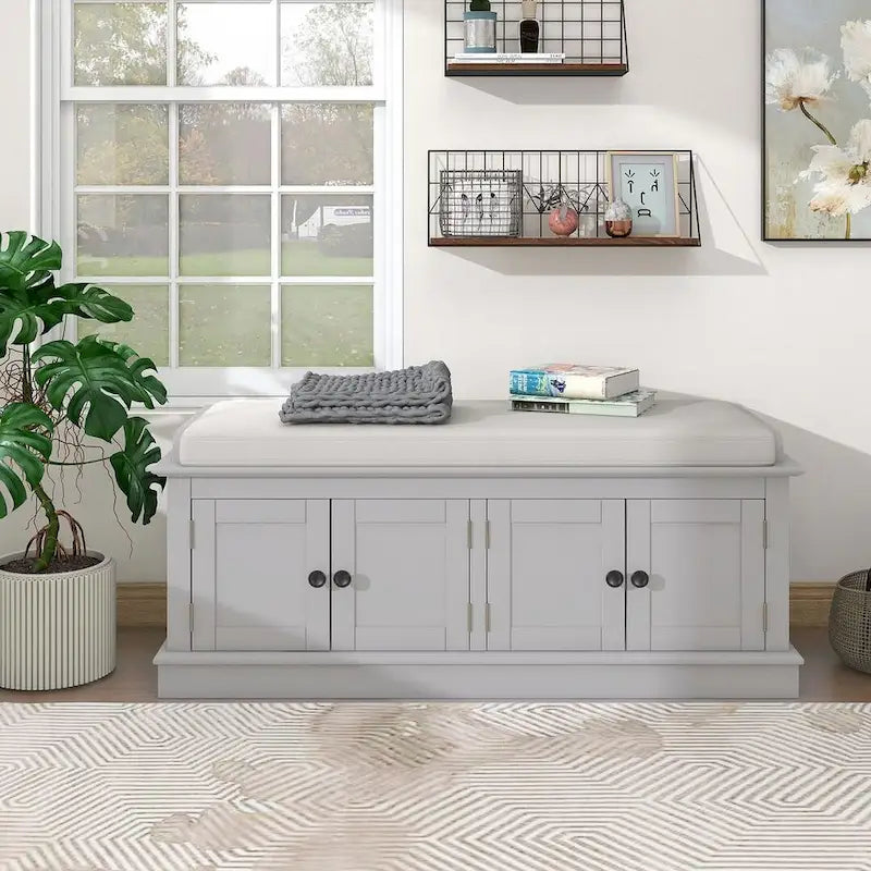 42.70 Modern Versatile Entry Upholstered Storage Bench with 4 Doors, Adjustable Shelves and Shoe Racks