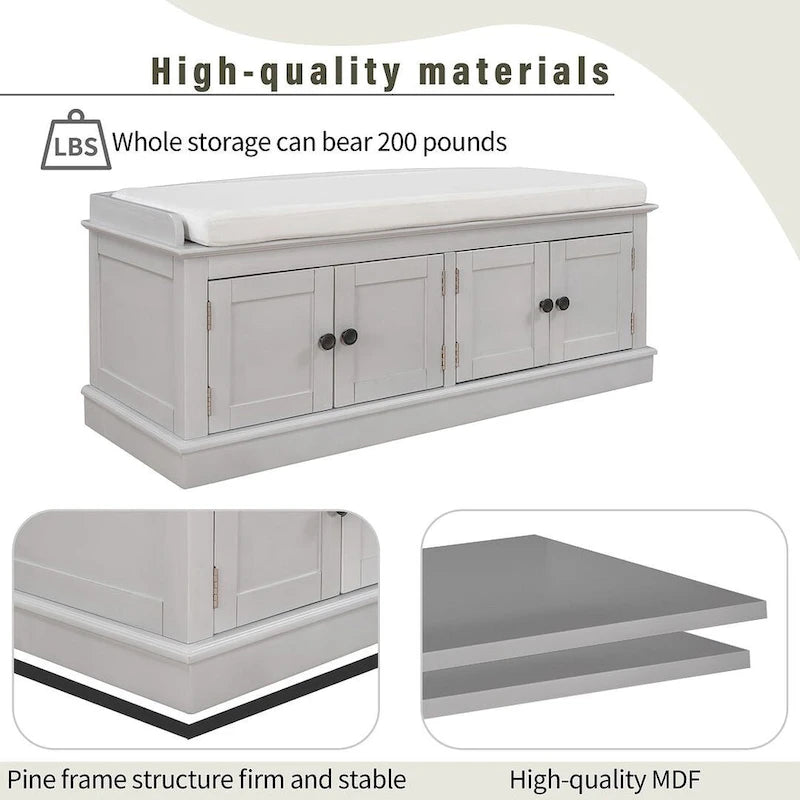 42.70 Modern Versatile Entry Upholstered Storage Bench with 4 Doors, Adjustable Shelves and Shoe Racks