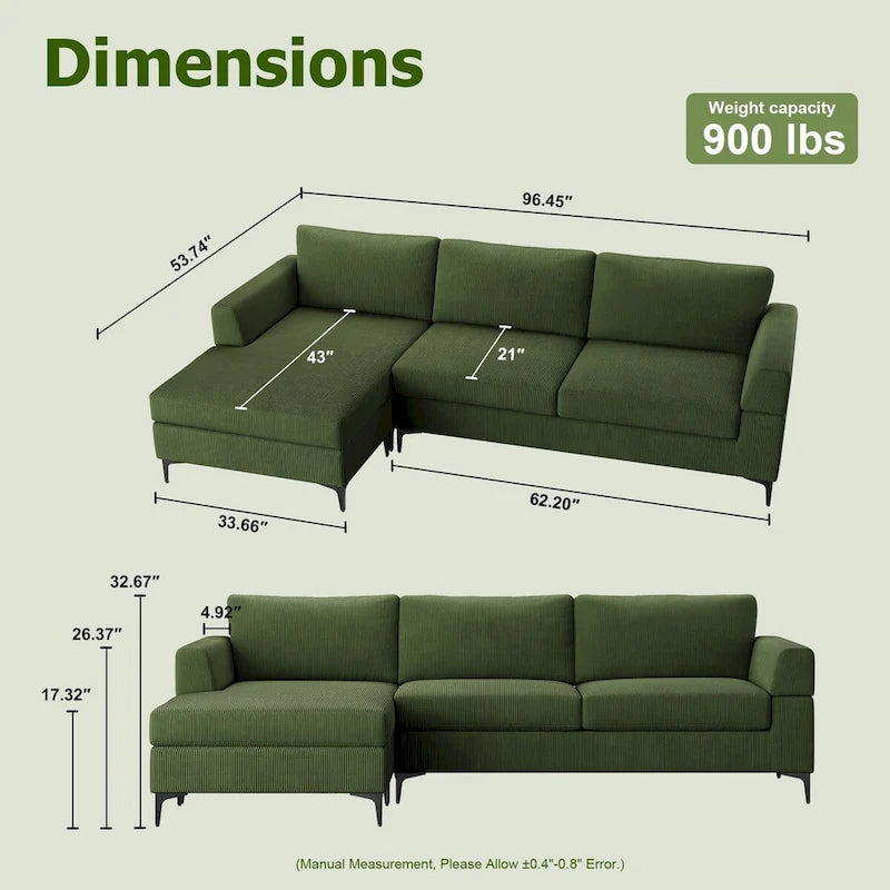 HOOOWOOO Modern L-Shaped Corduroy Upholstery Couch Reversible Chaise Sofa