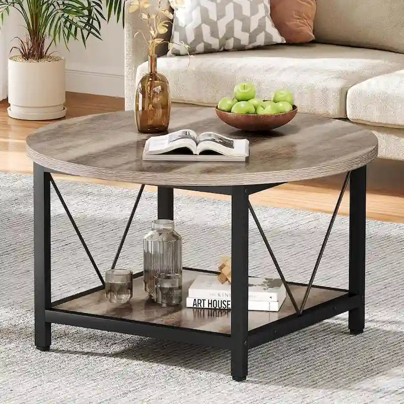 Moasis 31.5 Farmhouse Round Coffee Table, Rustic 2-Tier Center Table with Storage Open Shelf