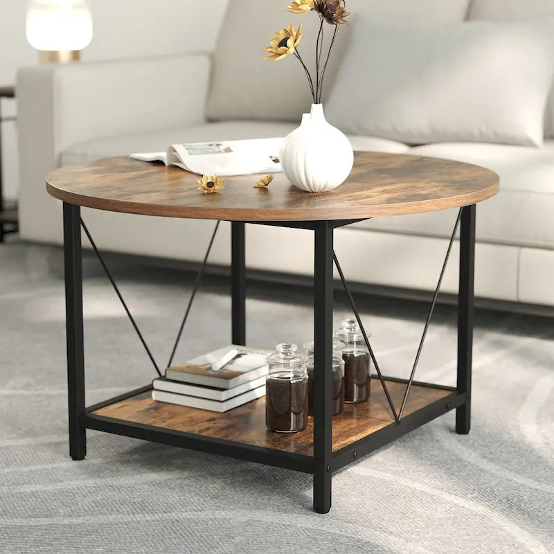 Moasis 31.5 Farmhouse Round Coffee Table, Rustic 2-Tier Center Table with Storage Open Shelf