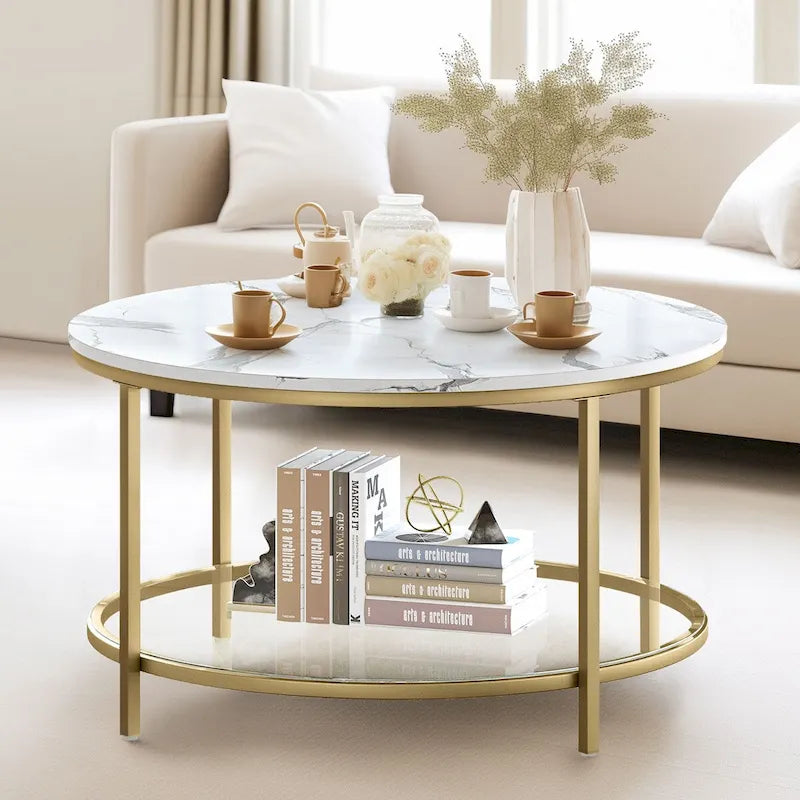 Moasis 31.5 Farmhouse Round Coffee Table, Rustic 2-Tier Center Table with Storage Open Shelf