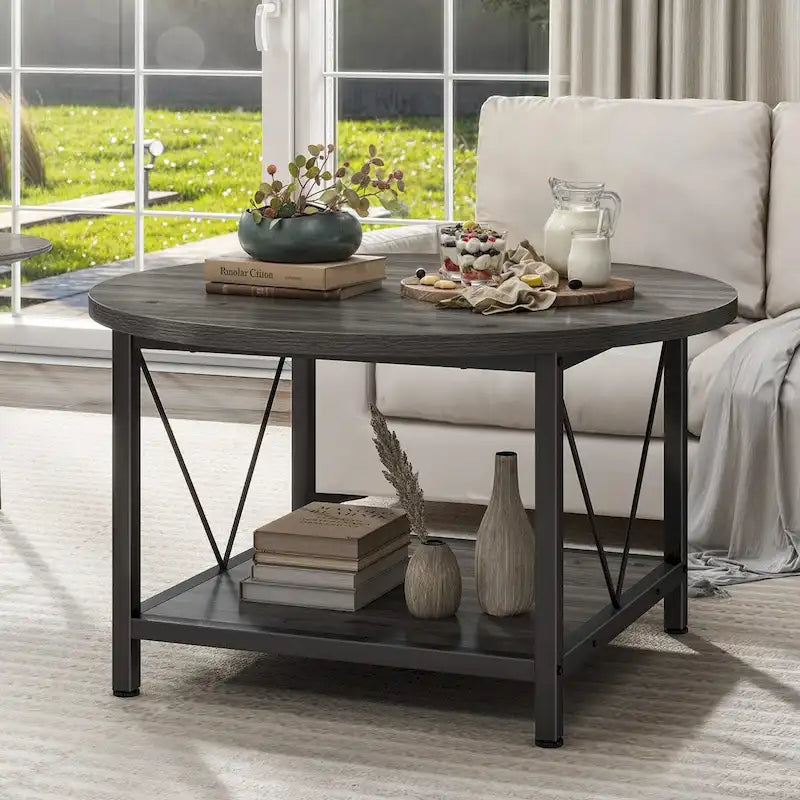 Moasis 31.5 Farmhouse Round Coffee Table, Rustic 2-Tier Center Table with Storage Open Shelf