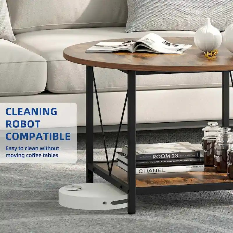Moasis 31.5 Farmhouse Round Coffee Table, Rustic 2-Tier Center Table with Storage Open Shelf