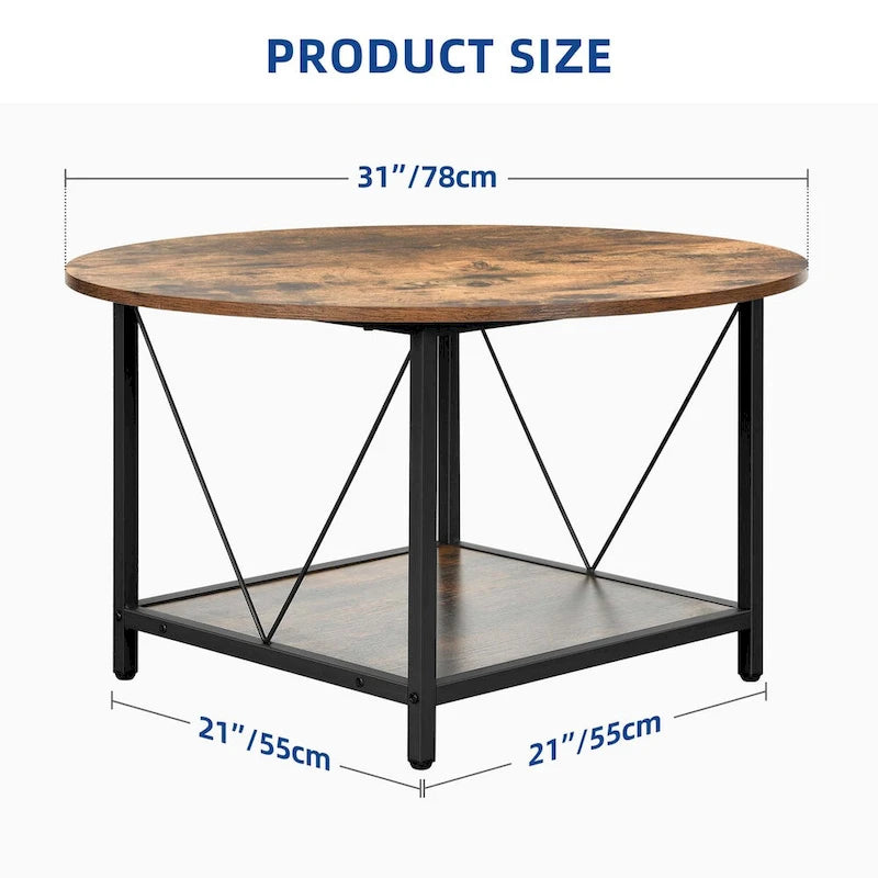 Moasis 31.5 Farmhouse Round Coffee Table, Rustic 2-Tier Center Table with Storage Open Shelf