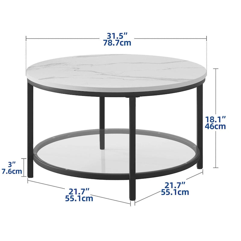 Moasis 31.5 Farmhouse Round Coffee Table, Rustic 2-Tier Center Table with Storage Open Shelf