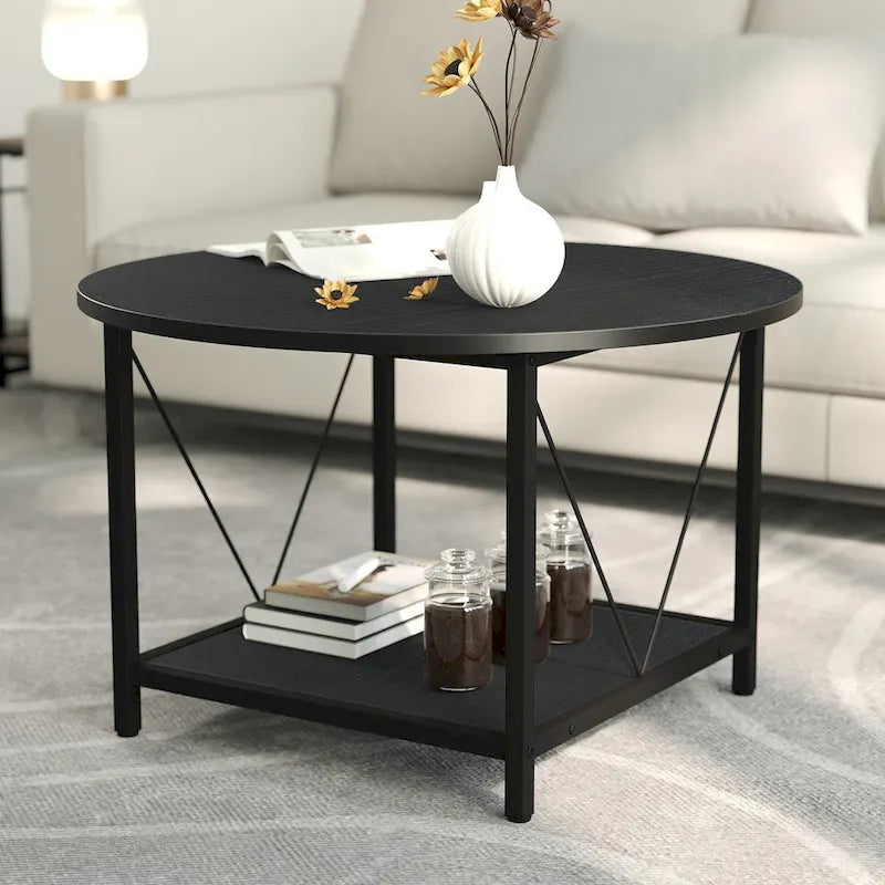 Moasis 31.5 Farmhouse Round Coffee Table, Rustic 2-Tier Center Table with Storage Open Shelf