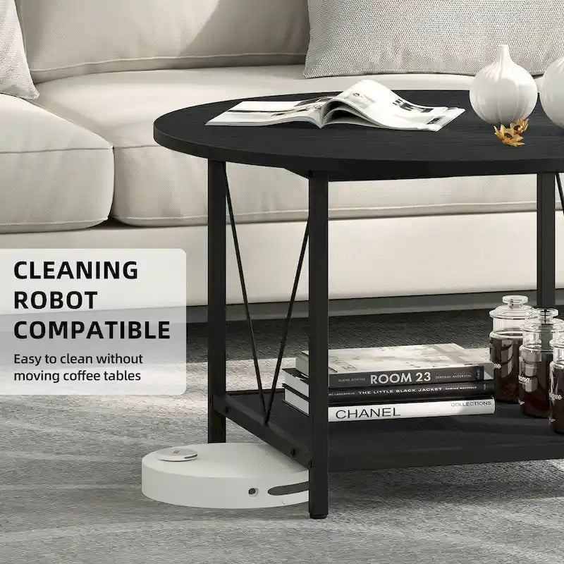 Moasis 31.5 Farmhouse Round Coffee Table, Rustic 2-Tier Center Table with Storage Open Shelf