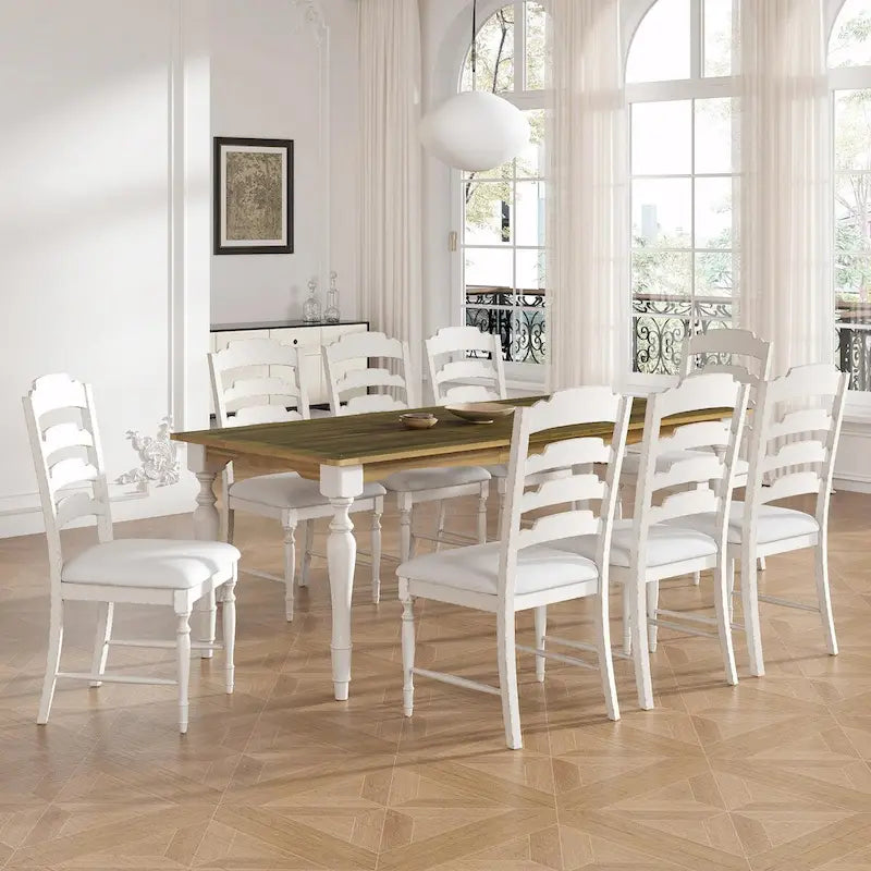 9-Piece Extendable Dining Table Set with Removable Leaf and 8 Upholstered Dining Chairs