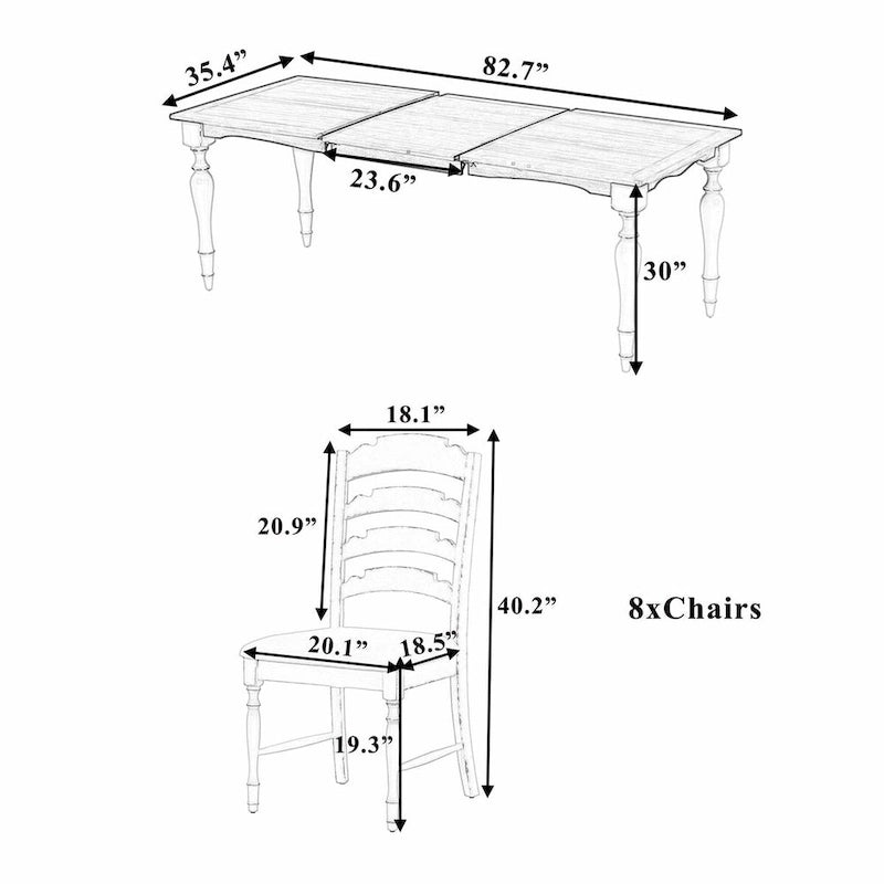 9-Piece Extendable Dining Table Set with Removable Leaf and 8 Upholstered Dining Chairs