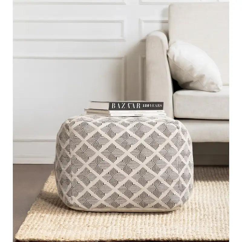 Jani Carondelet 20-inch Black & Ivory Square Pouf Ottoman - Handmade Footrest for Living Room, Bedroom, Nursery