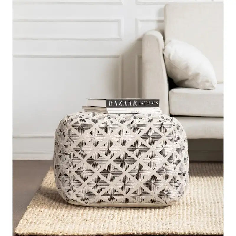 Jani Carondelet 20-inch Black & Ivory Square Pouf Ottoman - Handmade Footrest for Living Room, Bedroom, Nursery