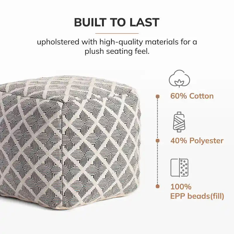 Jani Carondelet 20-inch Black & Ivory Square Pouf Ottoman - Handmade Footrest for Living Room, Bedroom, Nursery