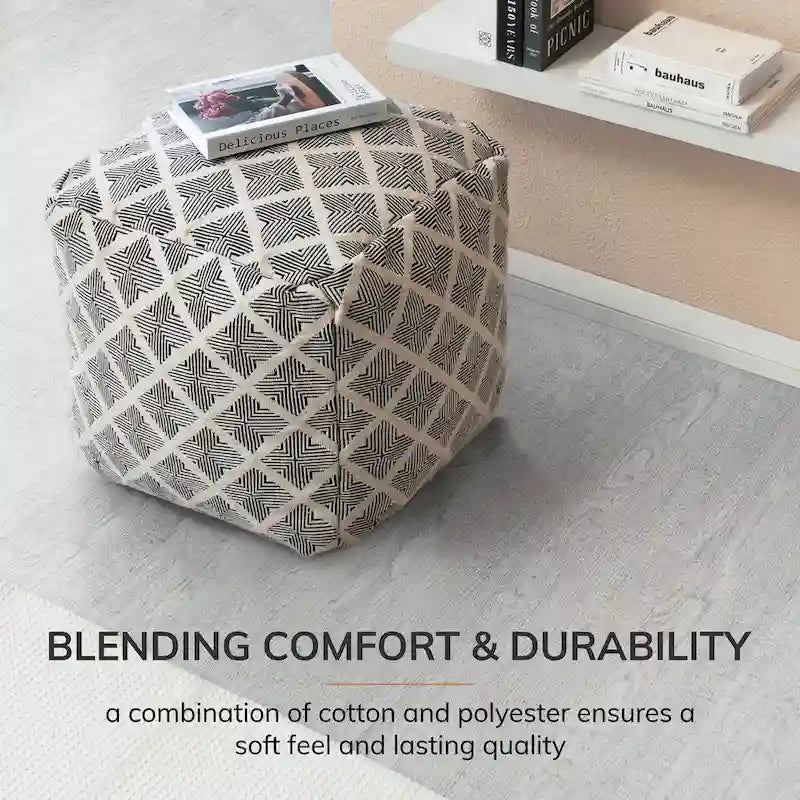 Jani Carondelet 20-inch Black & Ivory Square Pouf Ottoman - Handmade Footrest for Living Room, Bedroom, Nursery