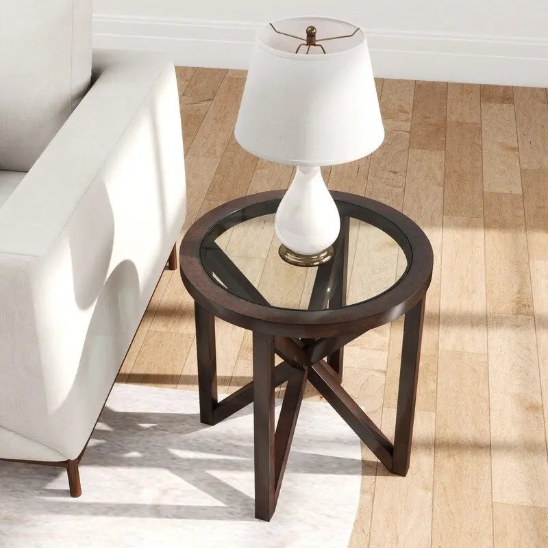 Modern Glass Coffee Table X-Cross Solid Wood Base End Table