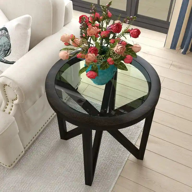 Modern Glass Coffee Table X-Cross Solid Wood Base End Table