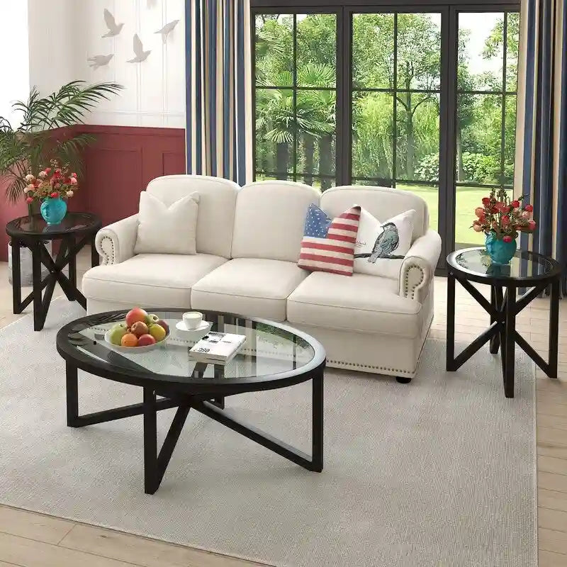 Modern Glass Coffee Table X-Cross Solid Wood Base End Table