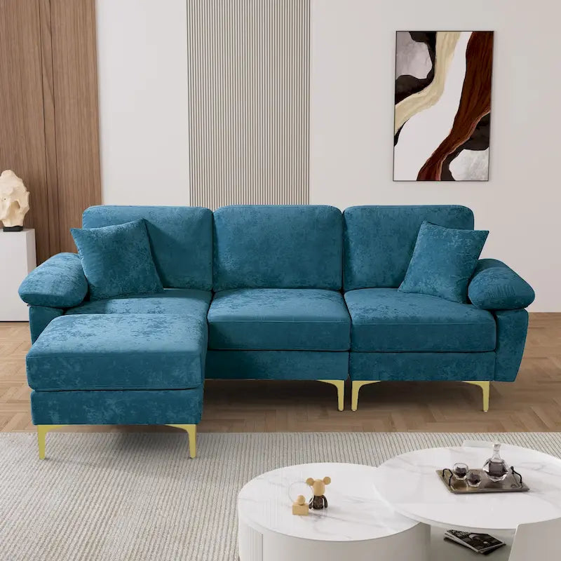 Ouyessir 2-Pieces Upholstered Velvet Sectional Sofa with 2 Pillows & Ottoman