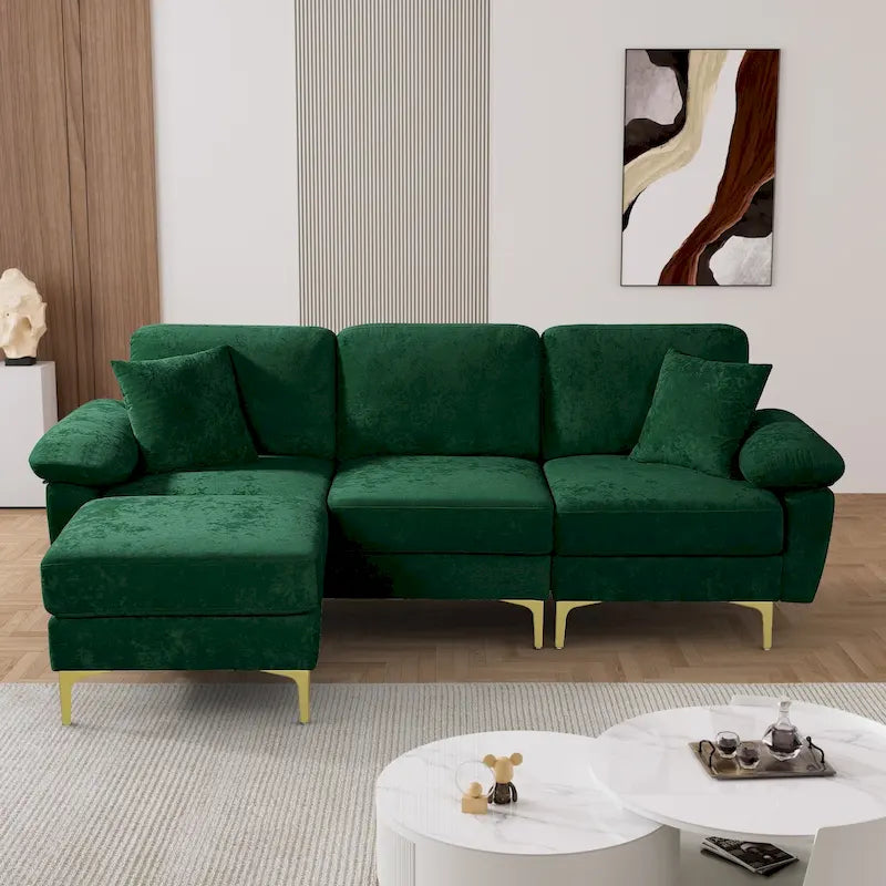 Ouyessir 2-Pieces Upholstered Velvet Sectional Sofa with 2 Pillows & Ottoman