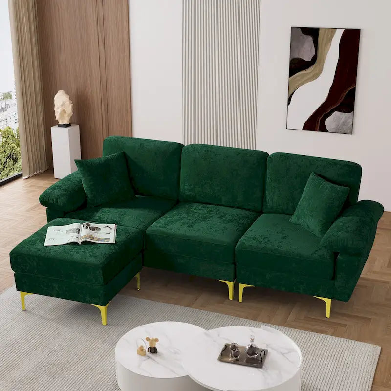 Ouyessir 2-Pieces Upholstered Velvet Sectional Sofa with 2 Pillows & Ottoman