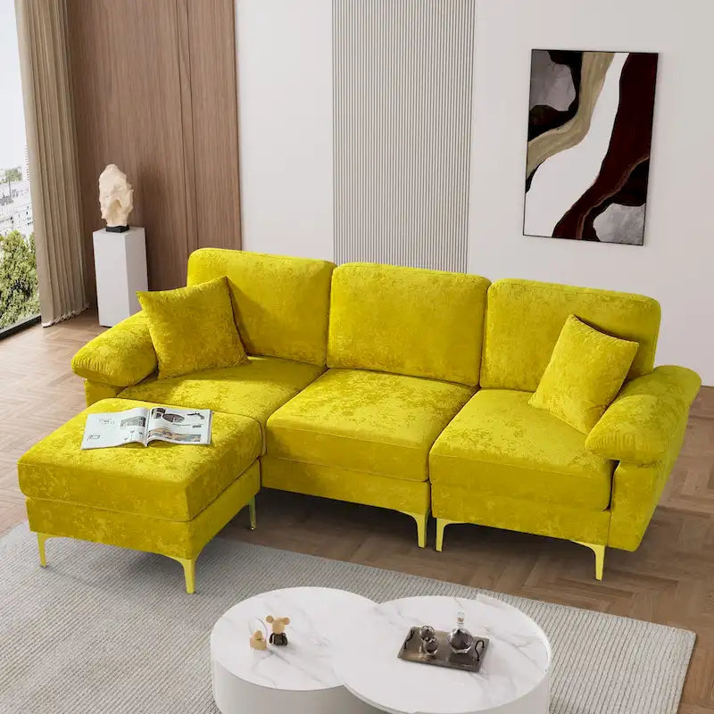 Ouyessir 2-Pieces Upholstered Velvet Sectional Sofa with 2 Pillows & Ottoman