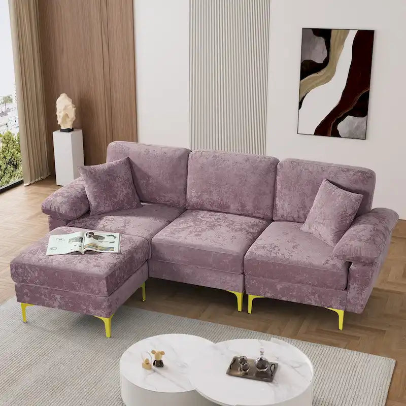 Ouyessir 2-Pieces Upholstered Velvet Sectional Sofa with 2 Pillows & Ottoman